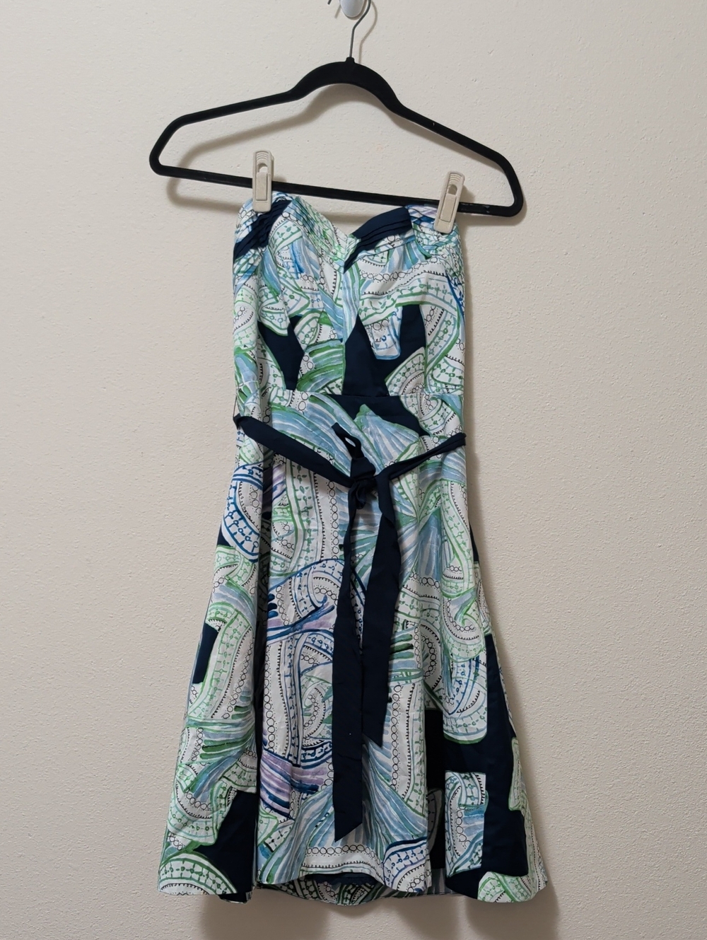 Moulinette Soeurs Blue & Green Strapless Printed A-Line Dress